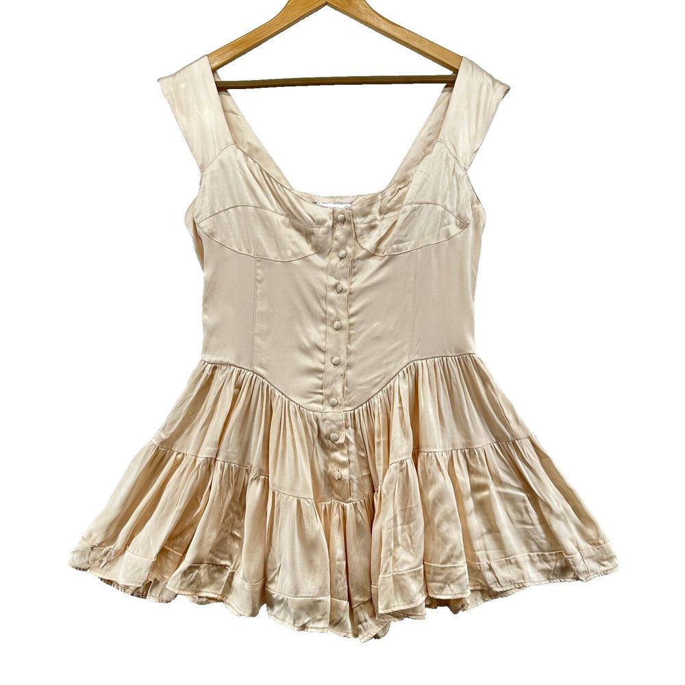 Vanessa Mooney The Elisabeth Romper Dress Size XL Satin Cream Mini Button Front